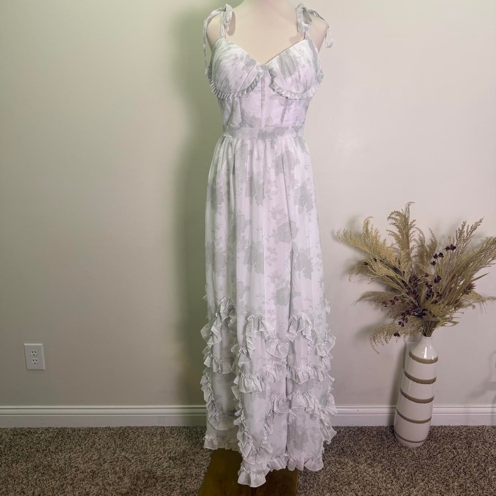 White & Grey Floral Tiered Ruffle Gown Size 14